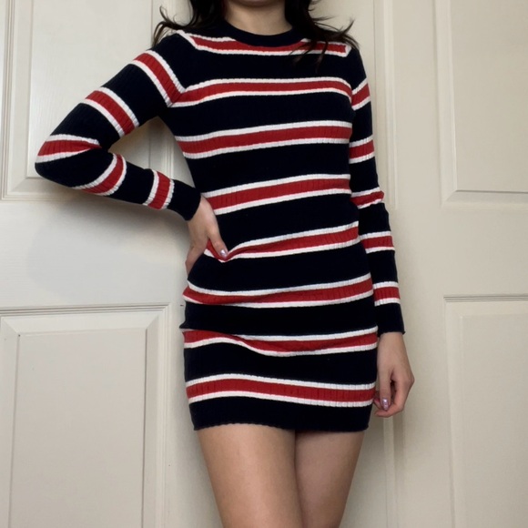 Red, White, & Navy Blue Striped Long-Sleeve Bodycon Sweater Dress | Divided - Picture 1 of 5